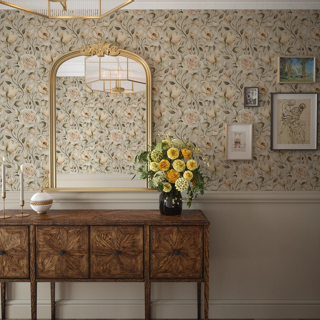 Enchanted Roses Wallpaper in Blush on Castle Stone – Lucie Annabel
