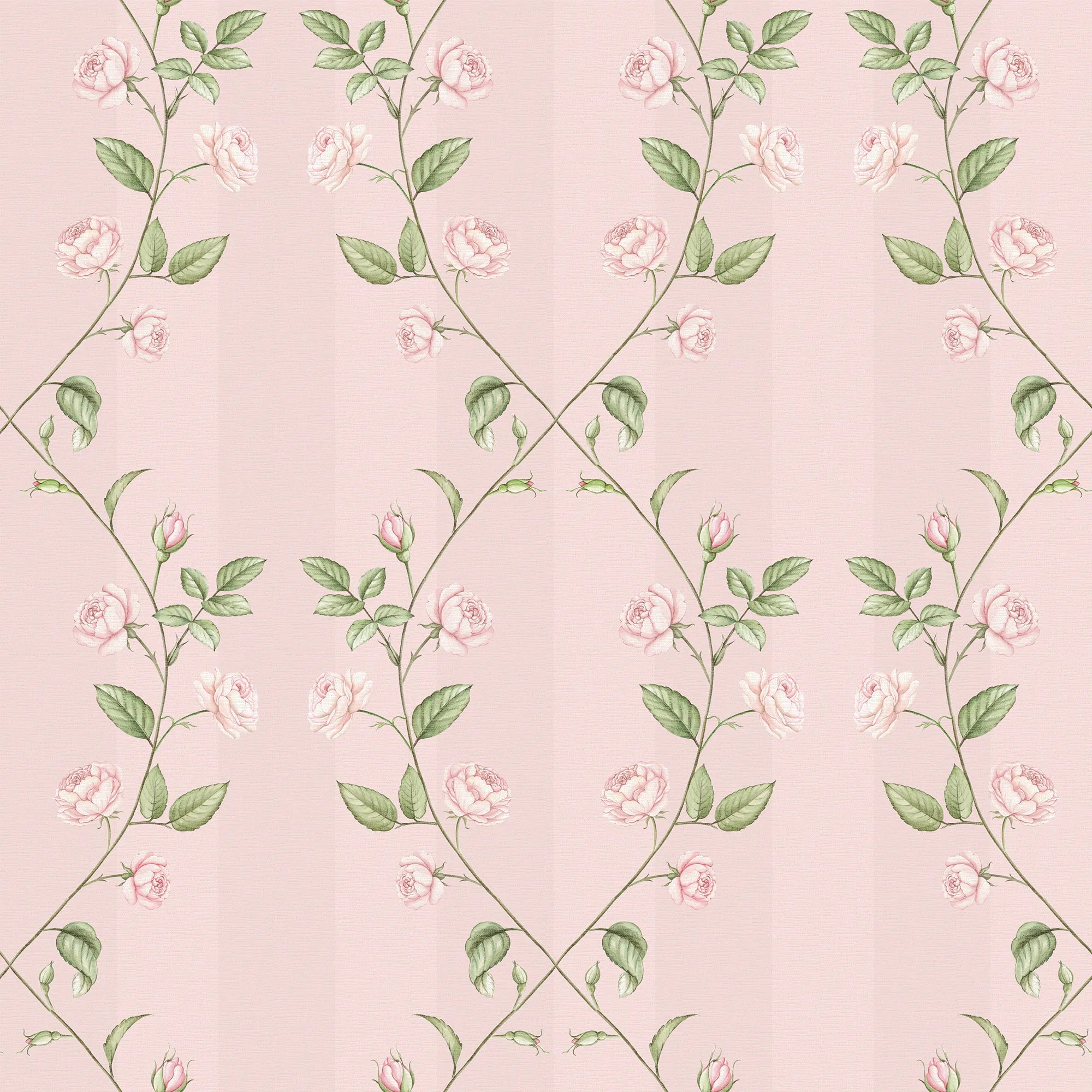 Floral wallpaper pattern with pink flowers and green leaves on a light pink background.