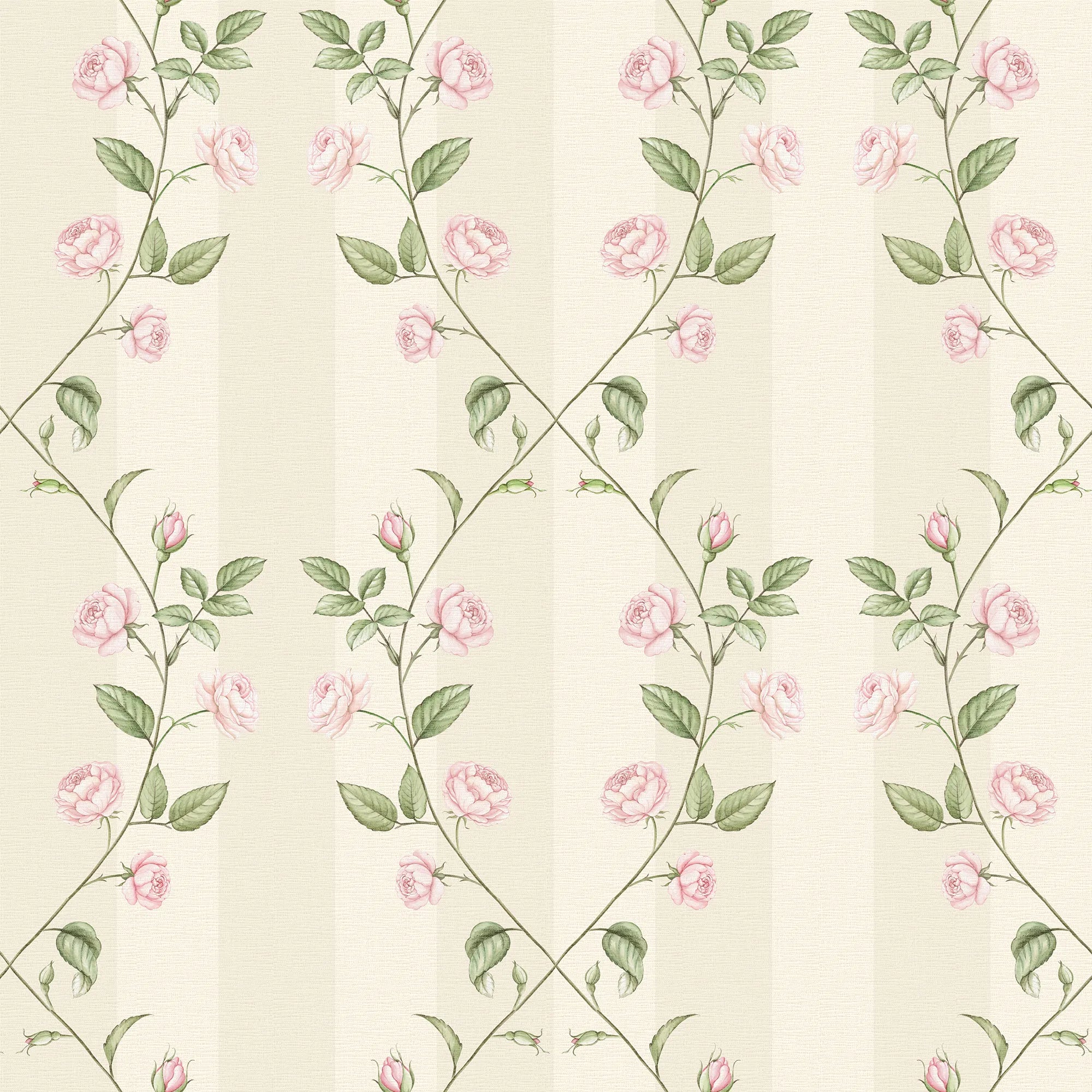 Floral-patterned wallpaper with pink roses and green leaves on a cream background.