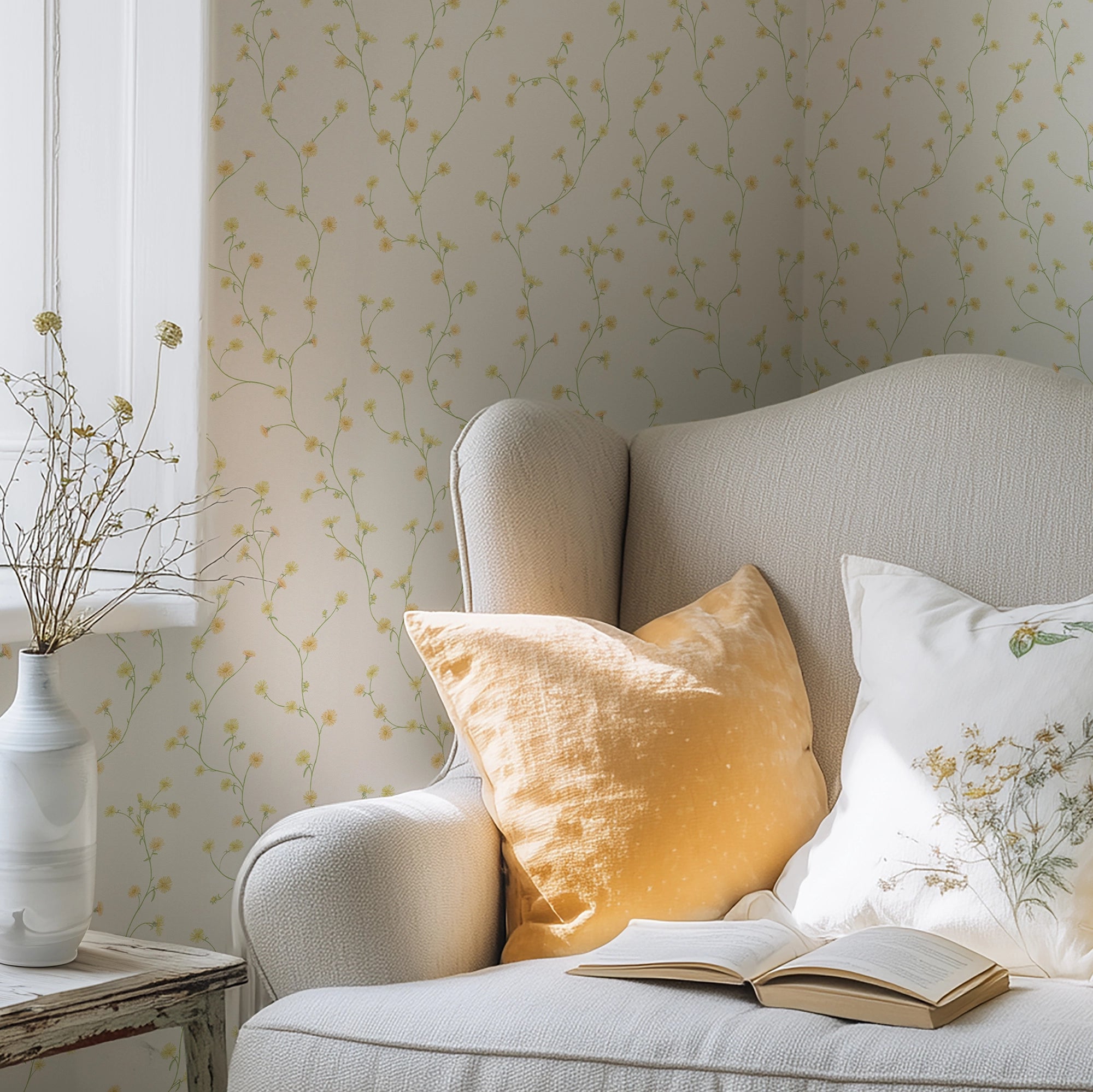 Aster Wallpaper in Soft Yellow and Orange