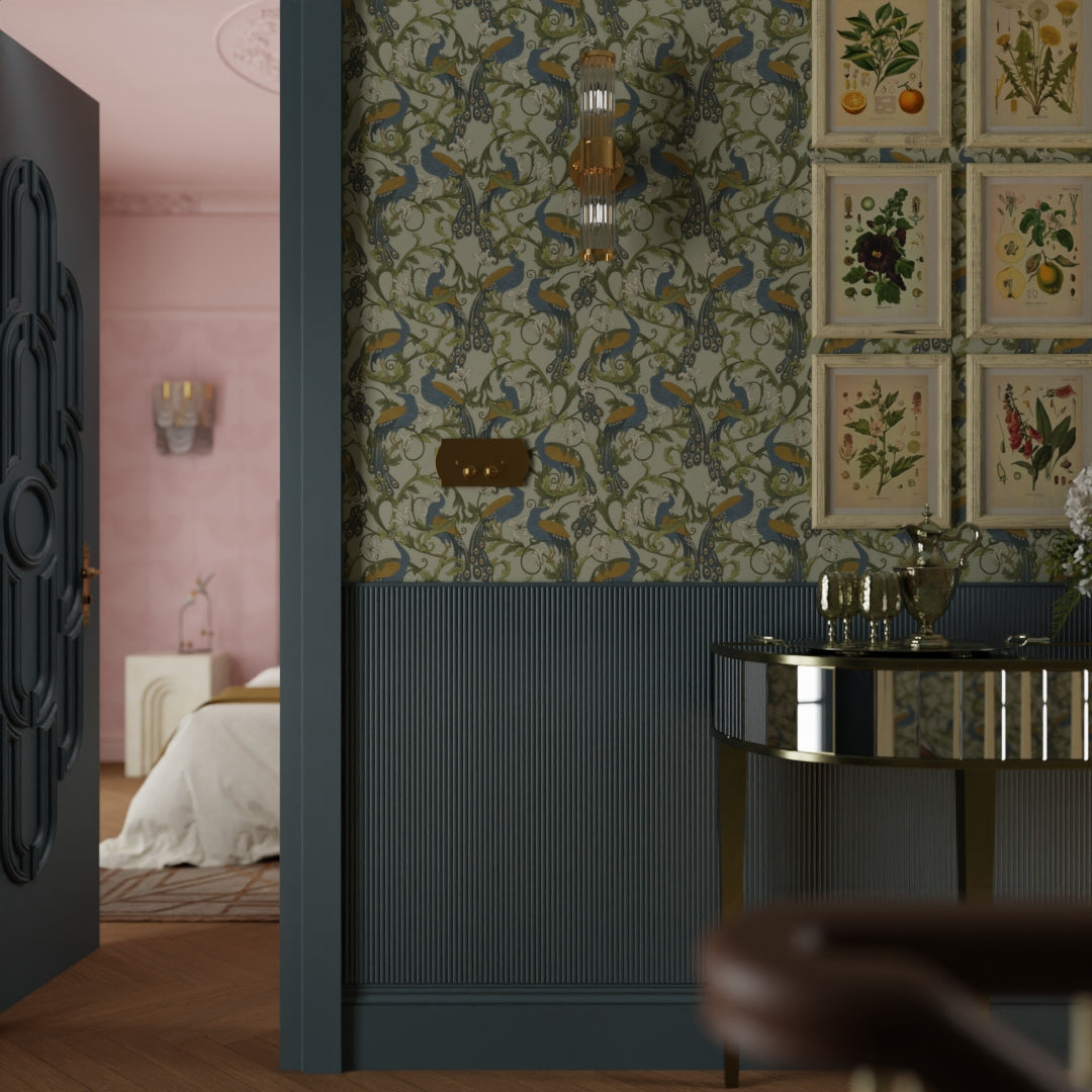Aubrey Wallpaper in Classic Navy and Ochre on Forest Green