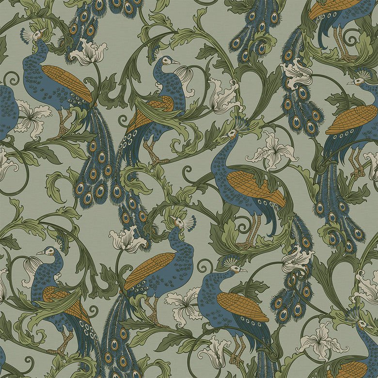 Sample of Aubrey Wallpaper in Classic Navy and Ochre on Forest Green