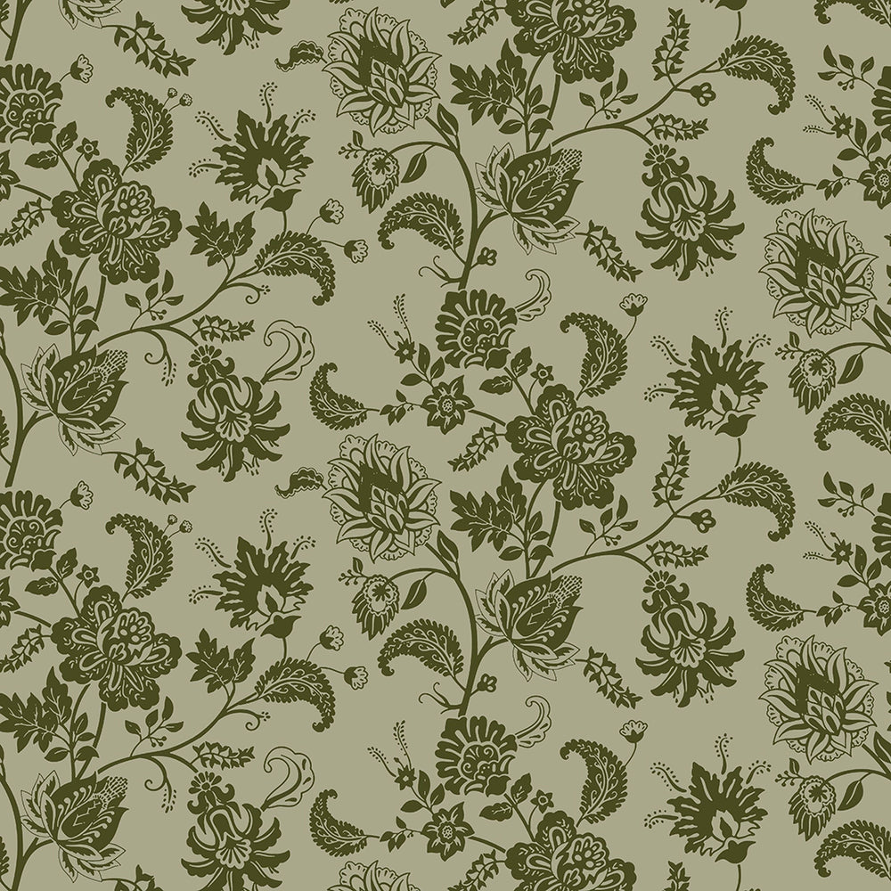 Balmoral Baroque Wallpaper in Gentleman Green and Warm Grey