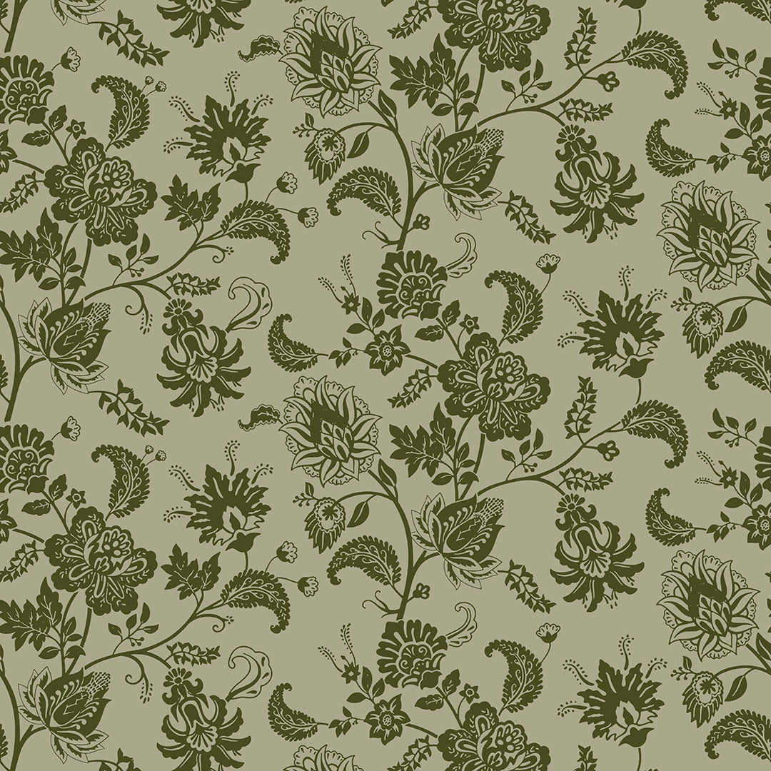 Balmoral Baroque Wallpaper in Gentleman Green and Warm Grey