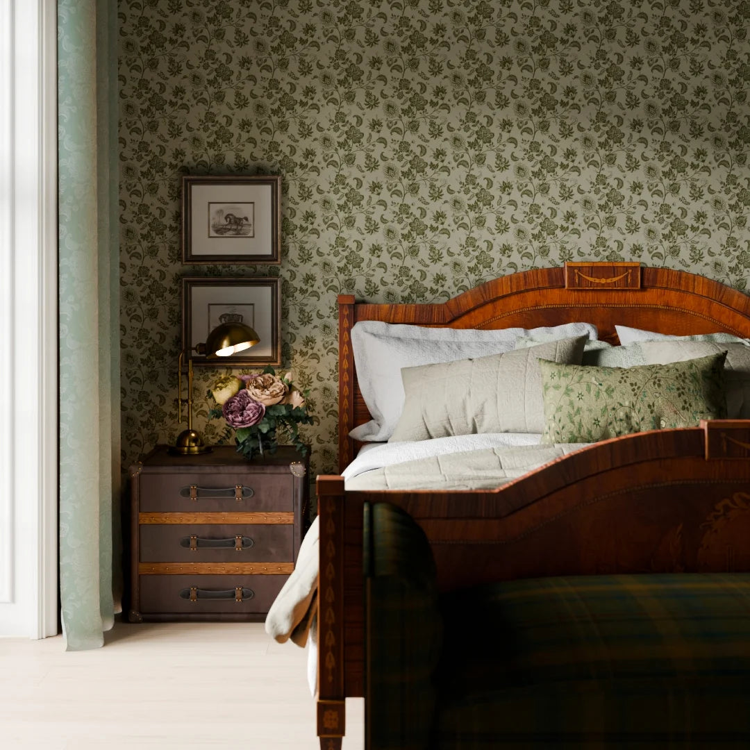 Balmoral Baroque Wallpaper in Gentleman Green and Warm Grey