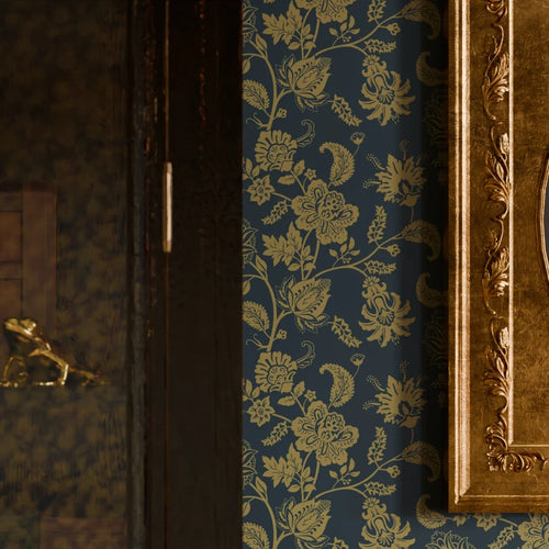 Balmoral Baroque Wallpaper in Mustard and Oxford Blue