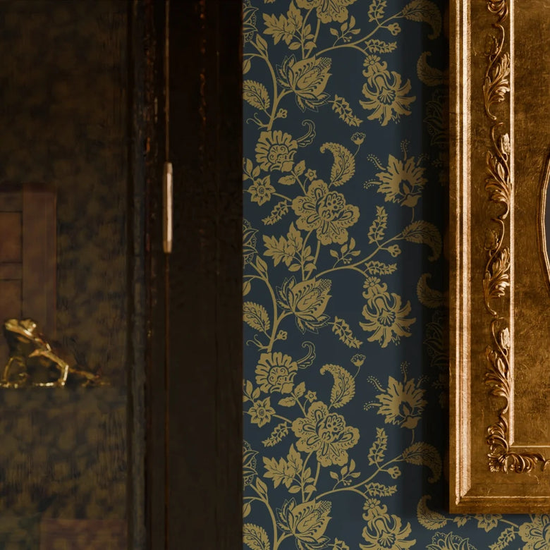 Balmoral Baroque Wallpaper in Mustard and Oxford Blue
