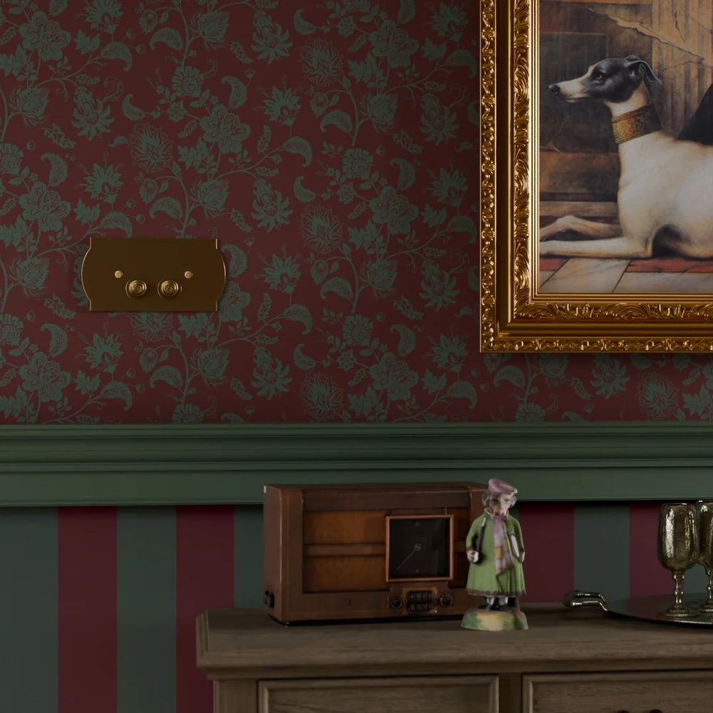 Balmoral Baroque Wallpaper in Pine Green and Garnet