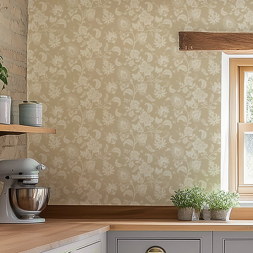 Balmoral Baroque Wallpaper in Cream on Toffee
