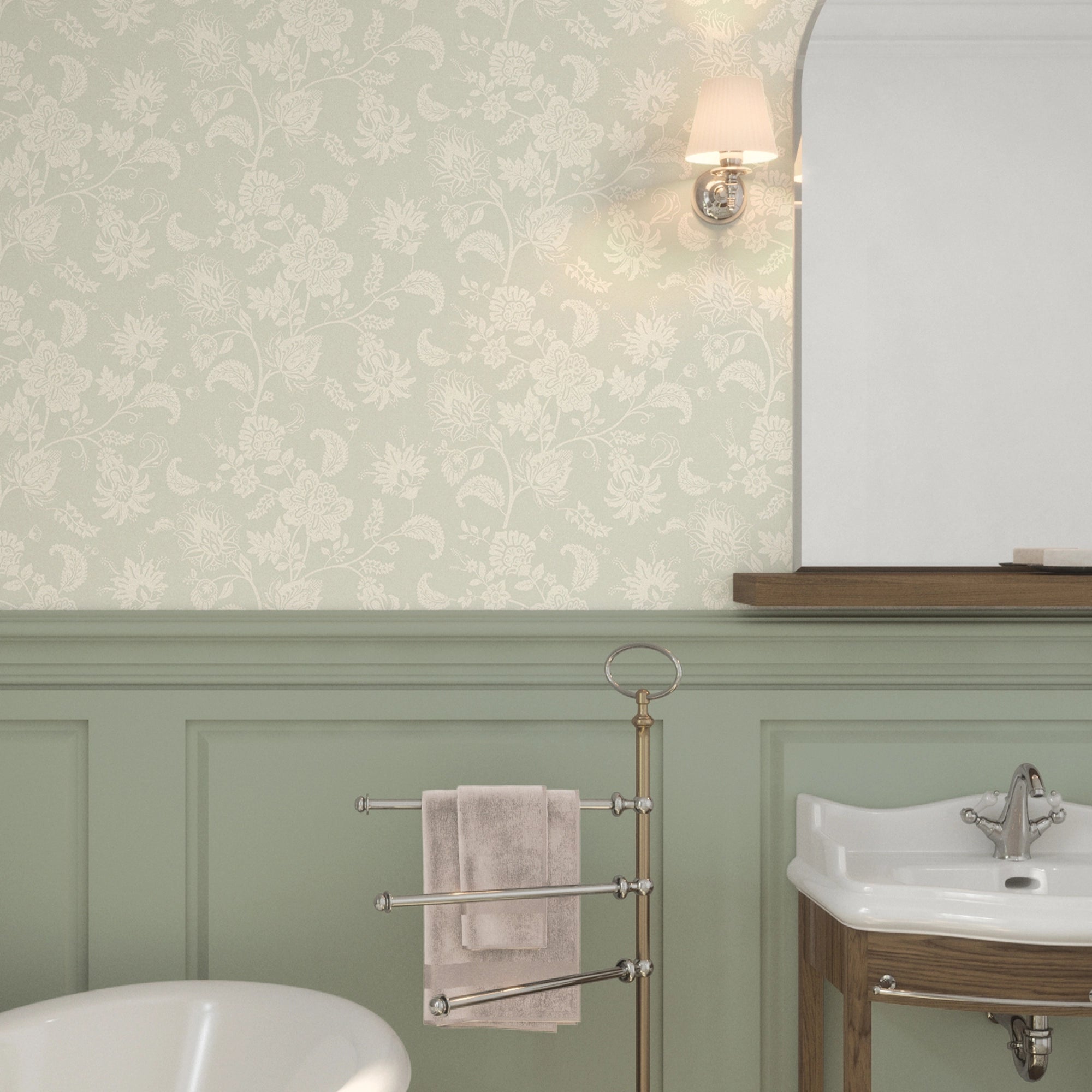Balmoral Baroque Wallpaper in Milk Foam on Light Sage