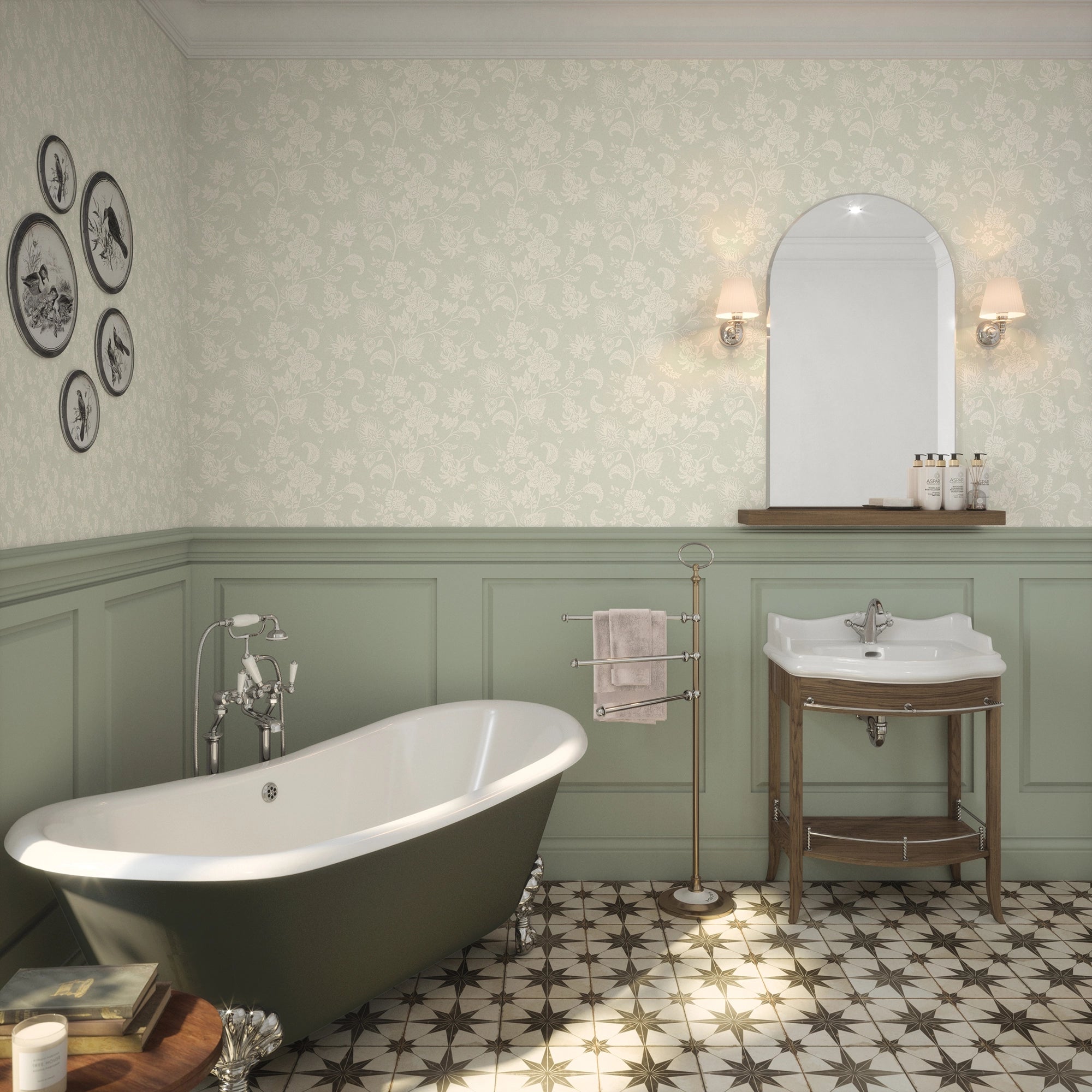 Balmoral Baroque Wallpaper in Milk Foam on Light Sage