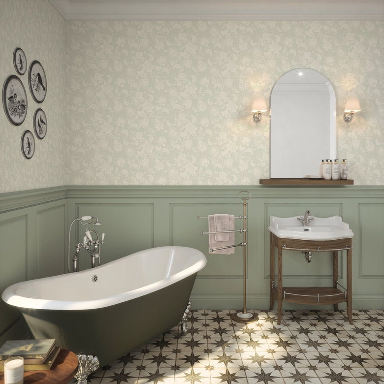 Balmoral Baroque Wallpaper in Milk Foam on Light Sage