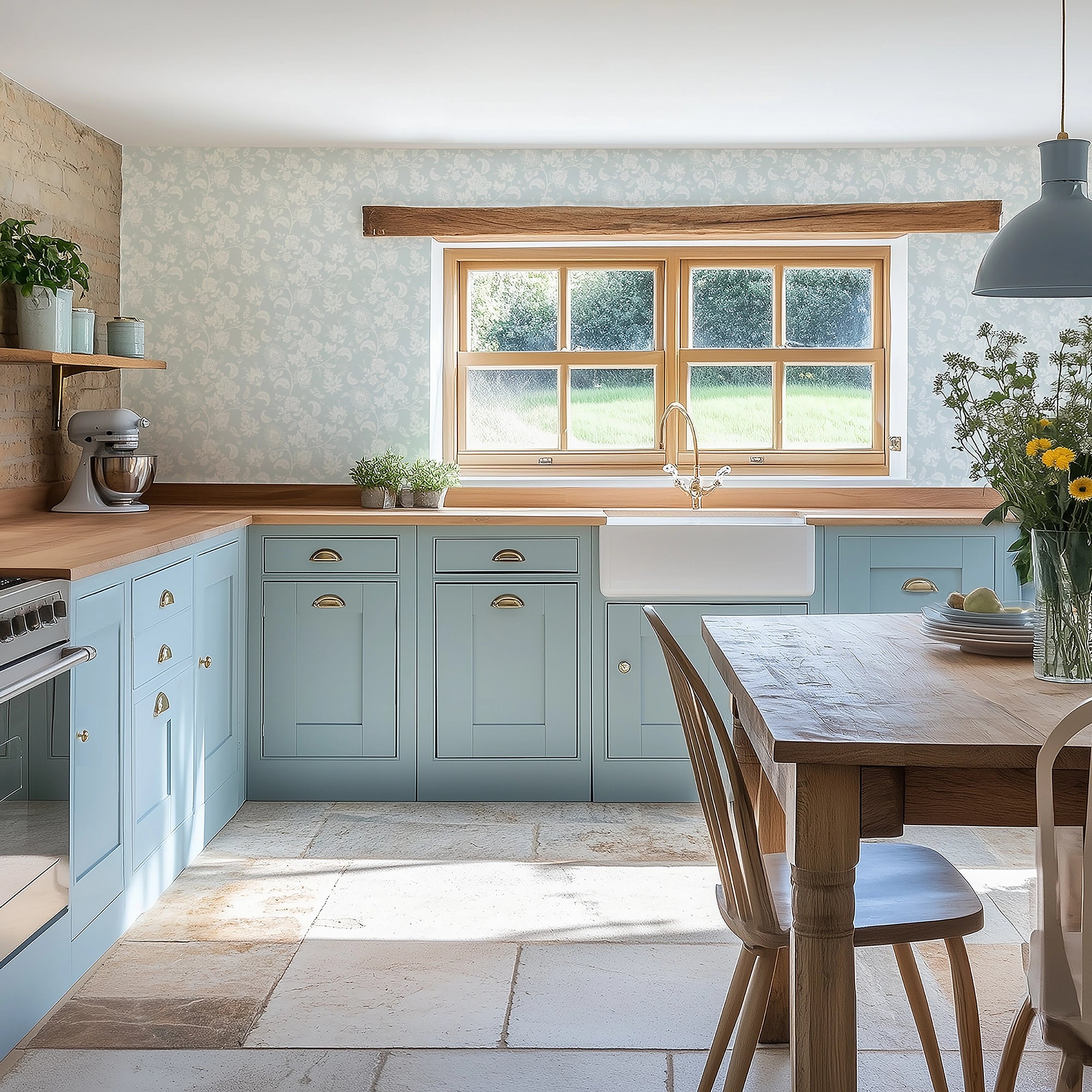 Balmoral Baroque Wallpaper in Milk White on Blue