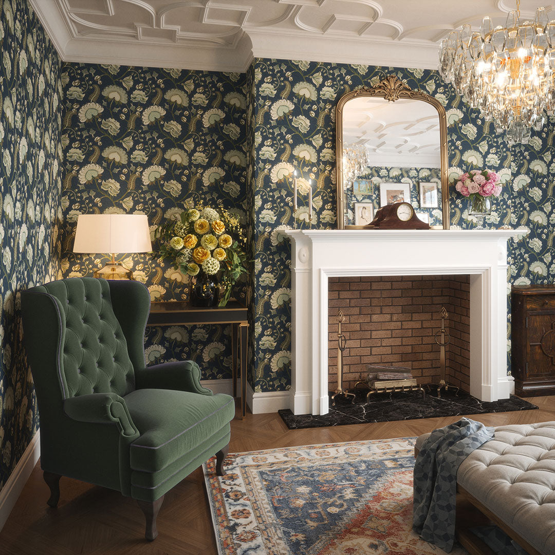 Beaumont Wallpaper in Olive and Sage Green on Classic Navy