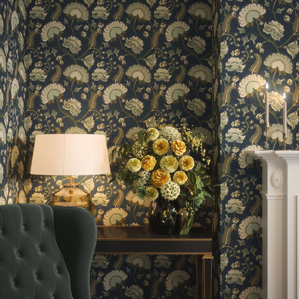 Beaumont Wallpaper in Olive and Sage Green on Classic Navy Lucie