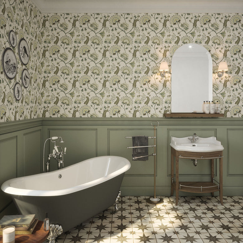 Beaumont Wallpaper in Olive and Sage Green on Ecru