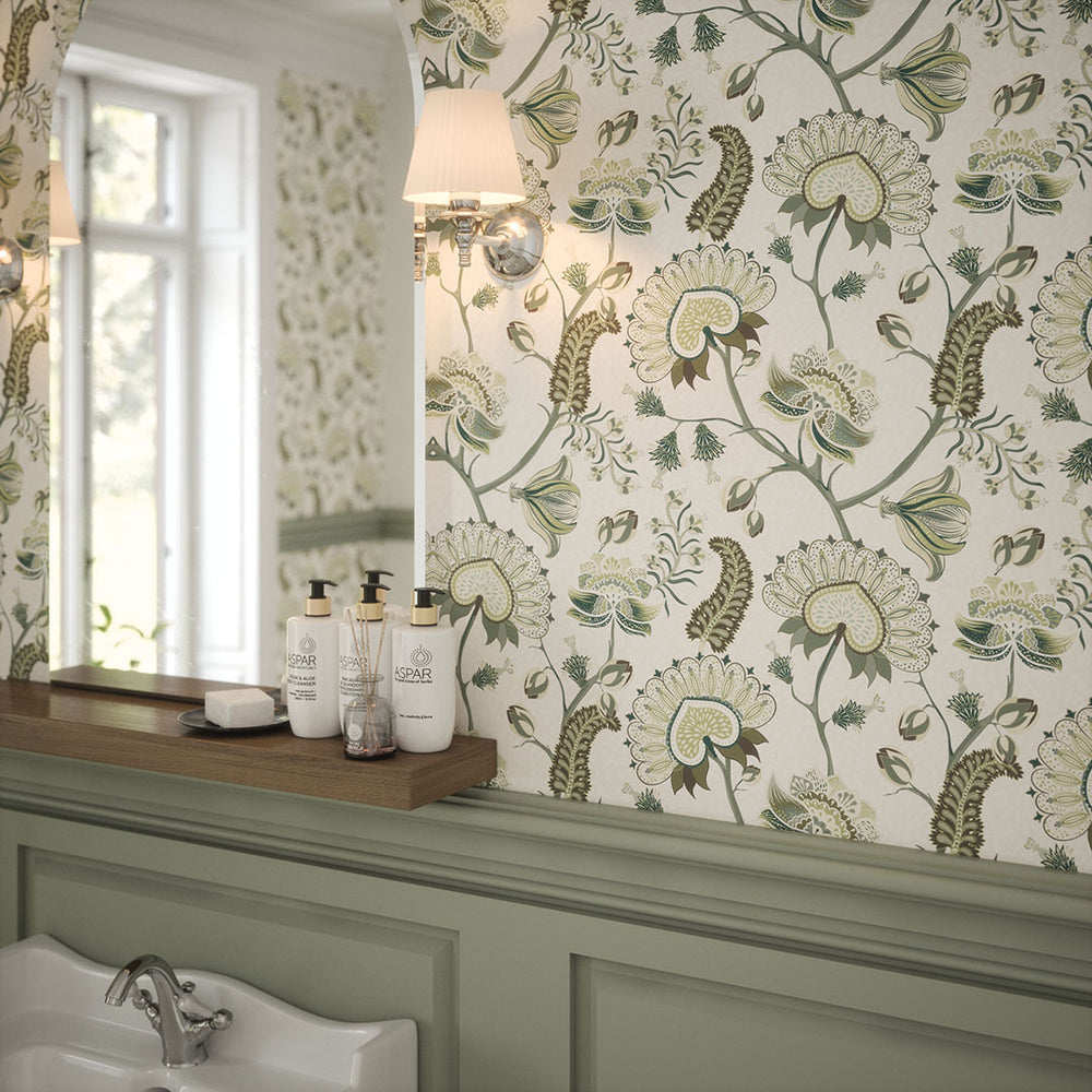 Beaumont Wallpaper in Olive and Sage Green on Ecru Lucie Annabel