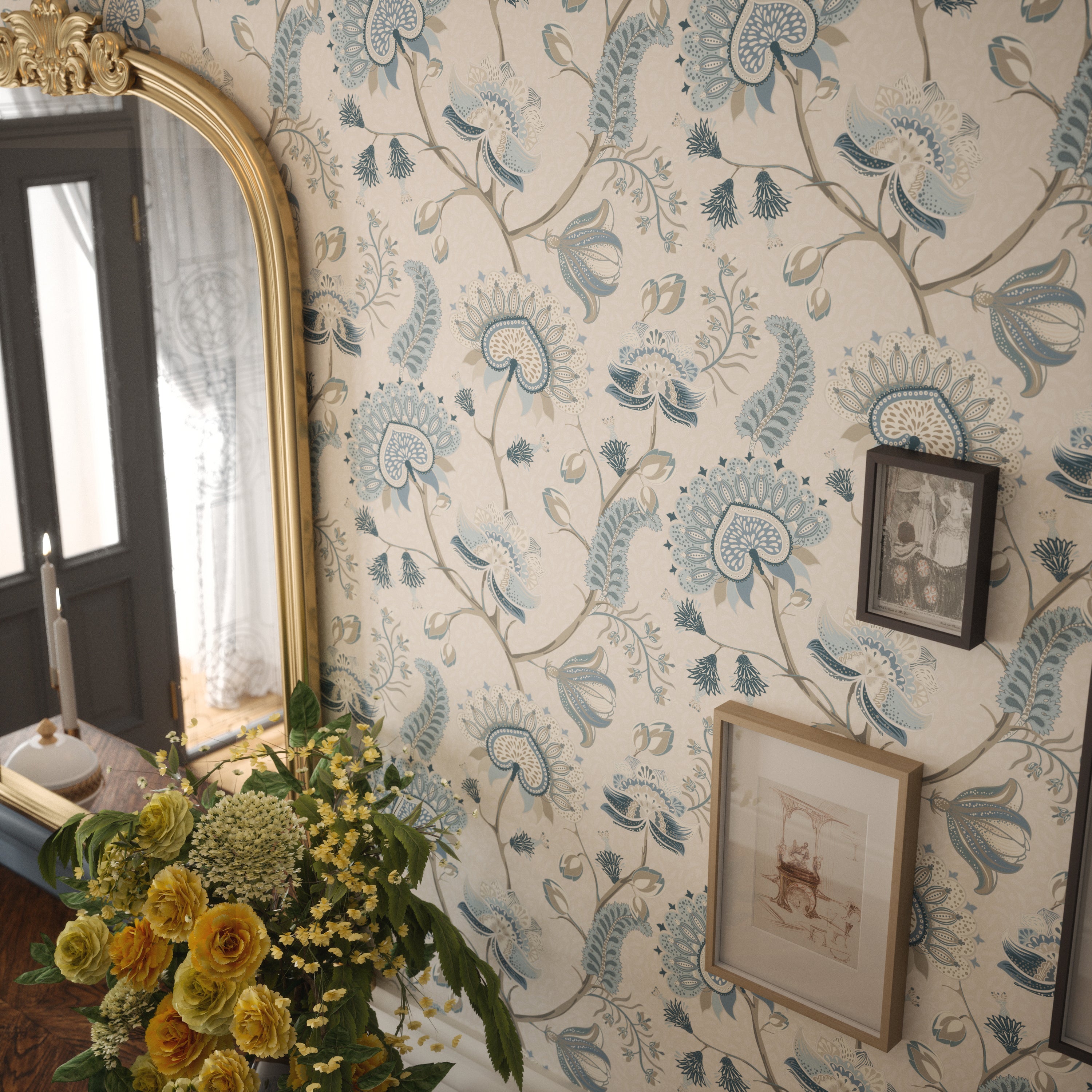 Beaumont Wallpaper in Shades of Blue and Ecru Lucie Annabel