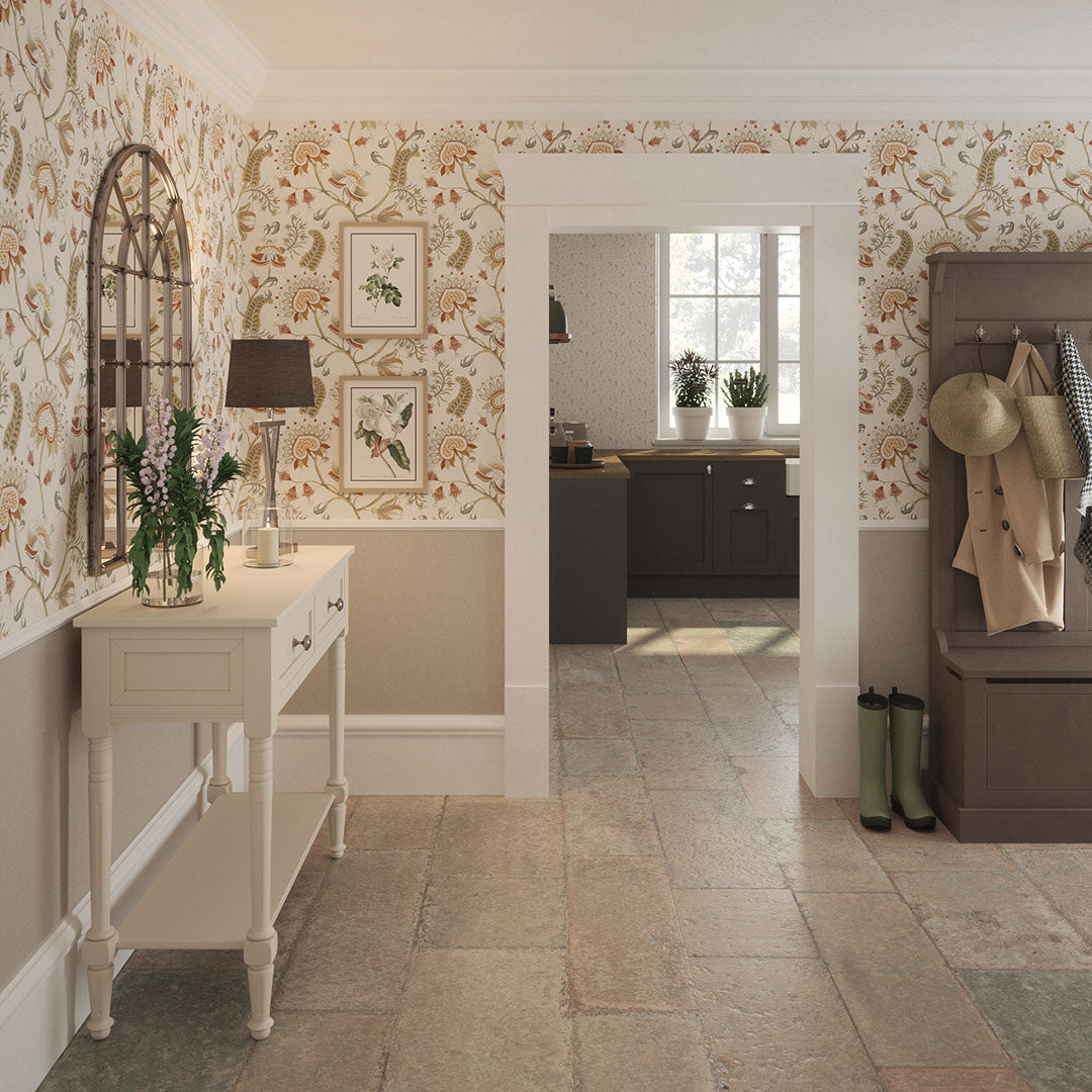 Beaumont Wallpaper in Spice and Vintage Grey on Ecru