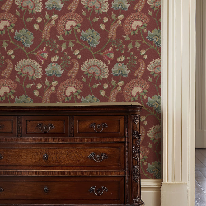 Beaumont Wallpaper in Crimson on Claret