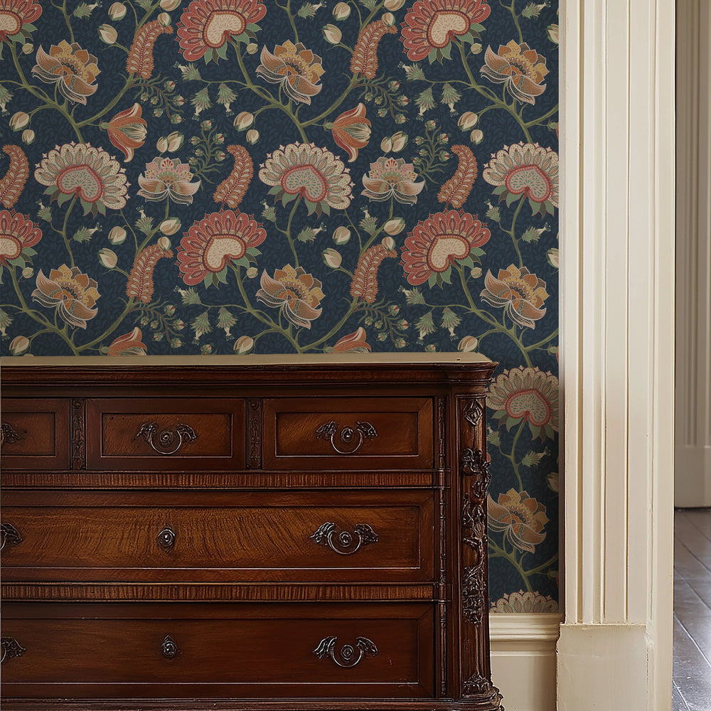 Beaumont Wallpaper in Crimson on Navy