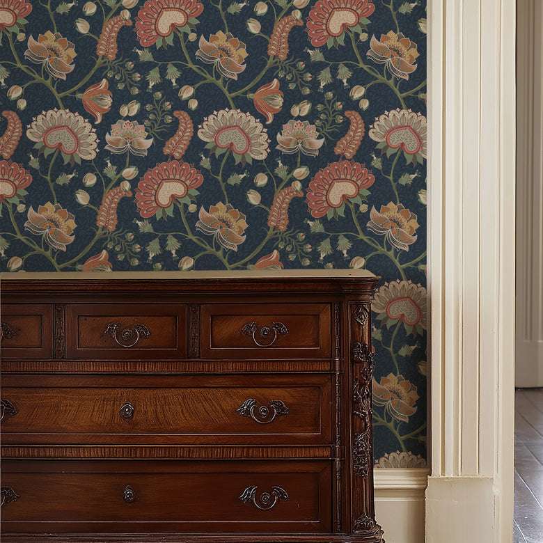 Beaumont Wallpaper in Crimson on Navy