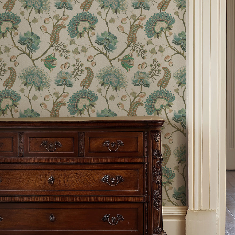 Beaumont Wallpaper in Seafoam on Aged Ivory