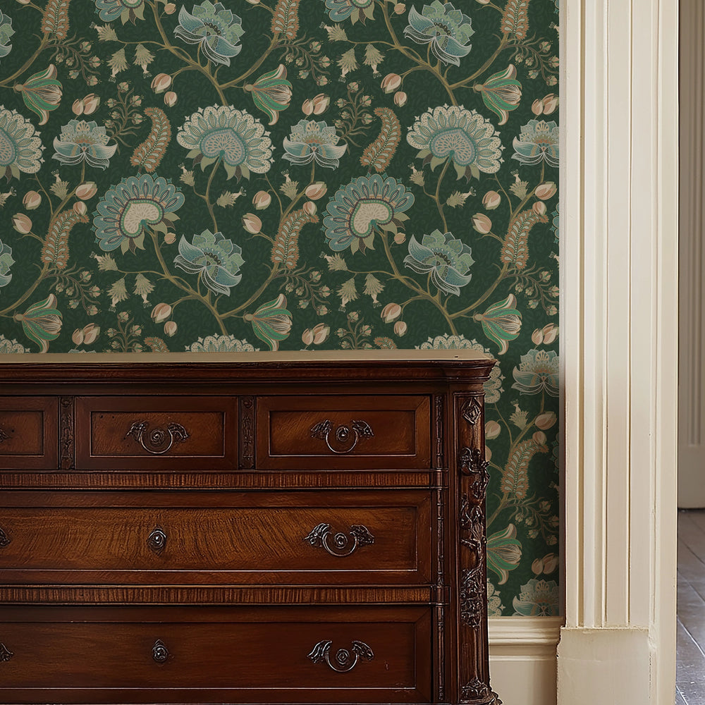 Beaumont Wallpaper in Seafoam on Hunter Green