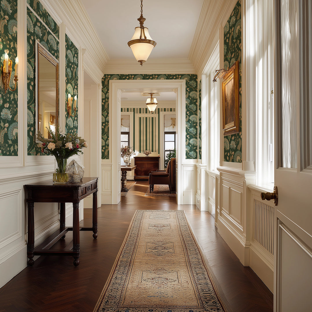 Beaumont Wallpaper in Seafoam on Hunter Green