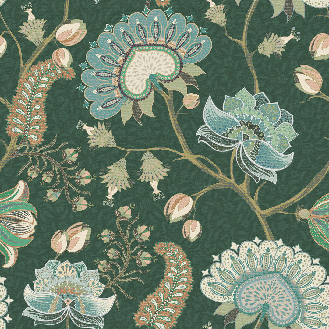 Beaumont Wallpaper in Seafoam on Hunter Green