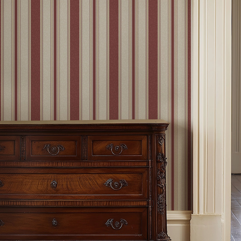 Beaumont Stripe Wallpaper in Aged Ivory and Claret