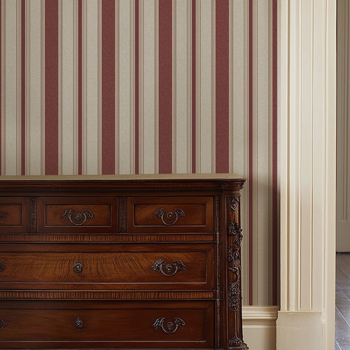 Beaumont Stripe Wallpaper in Aged Ivory and Claret