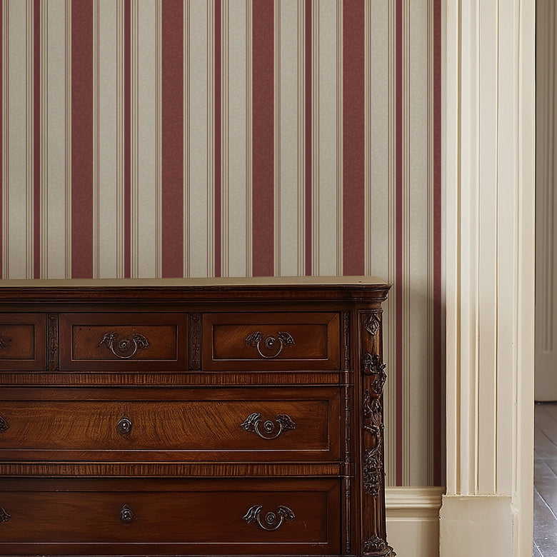Beaumont Stripe Wallpaper in Aged Ivory and Claret