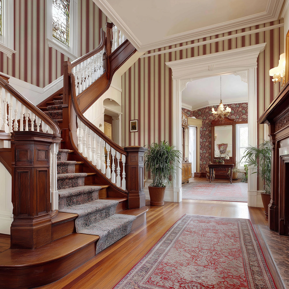 Beaumont Stripe Wallpaper in Aged Ivory and Claret