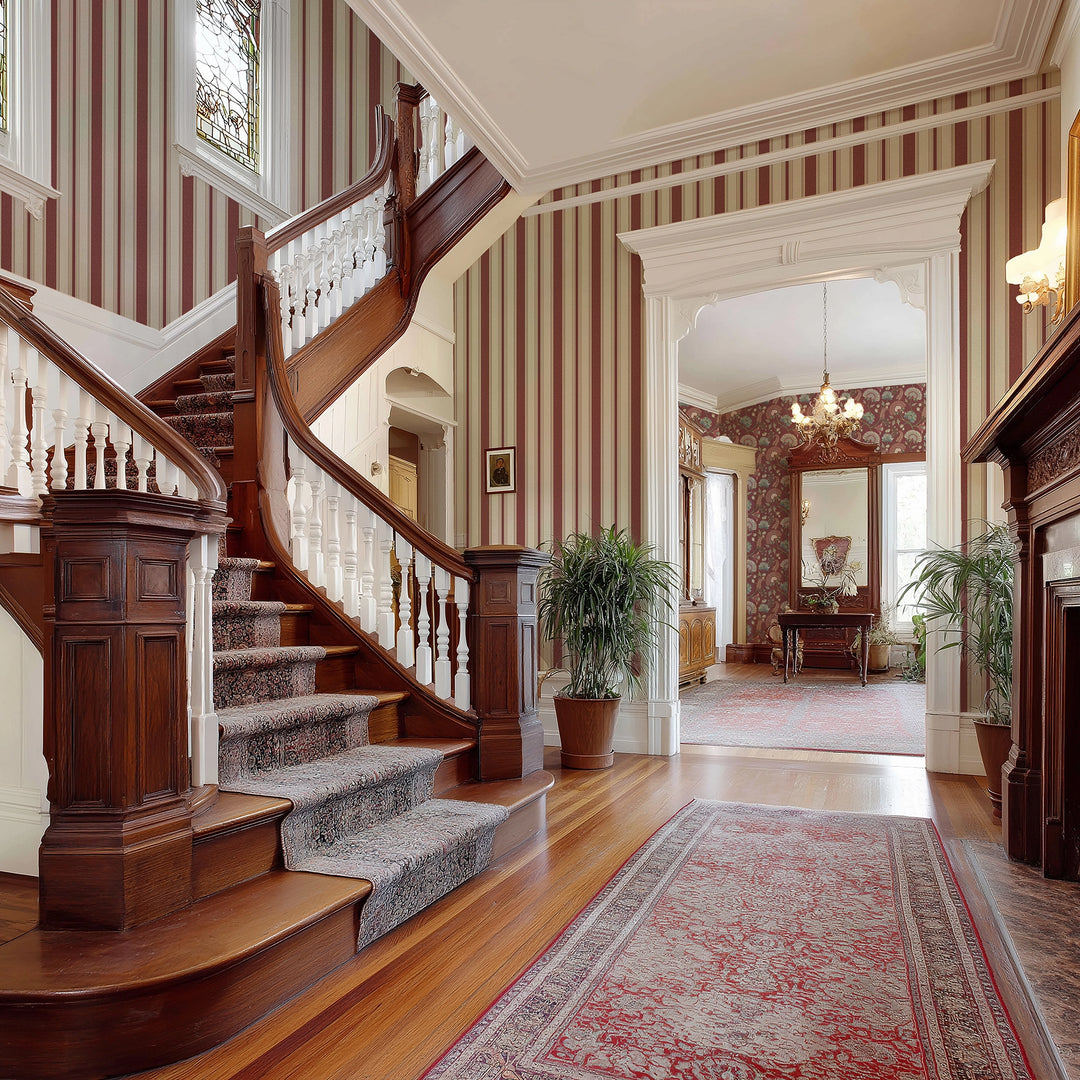 Beaumont Stripe Wallpaper in Aged Ivory and Claret