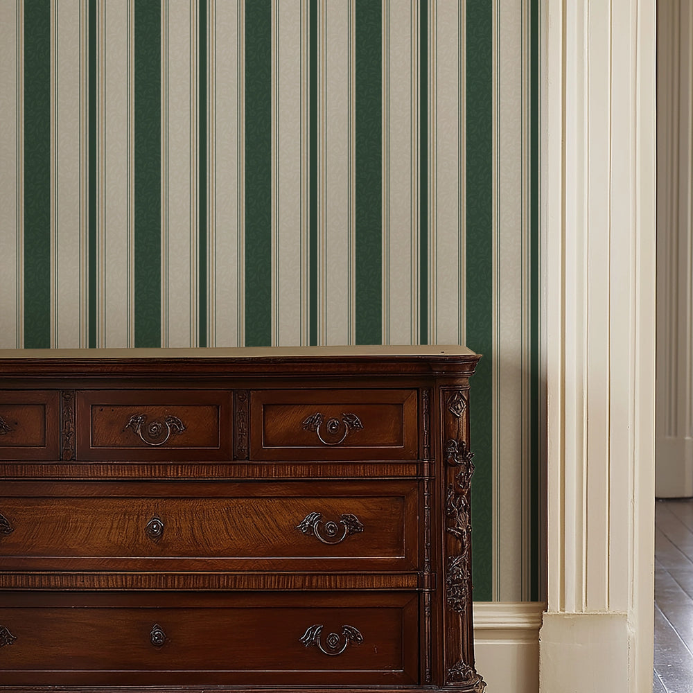 Beaumont Stripe Wallpaper in Aged Ivory and Hunter Green