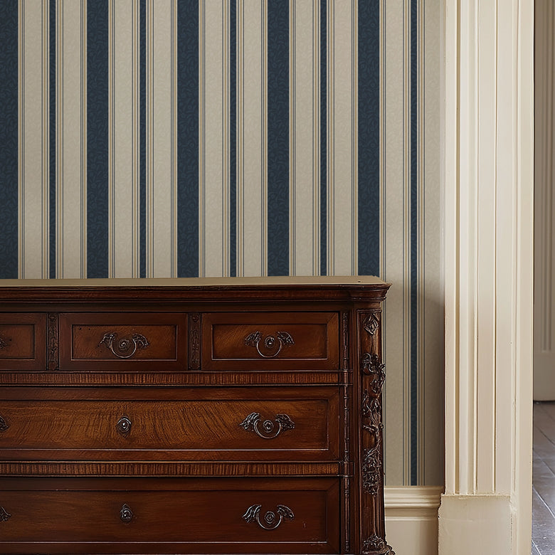 Beaumont Stripe Wallpaper in Aged Ivory and Navy
