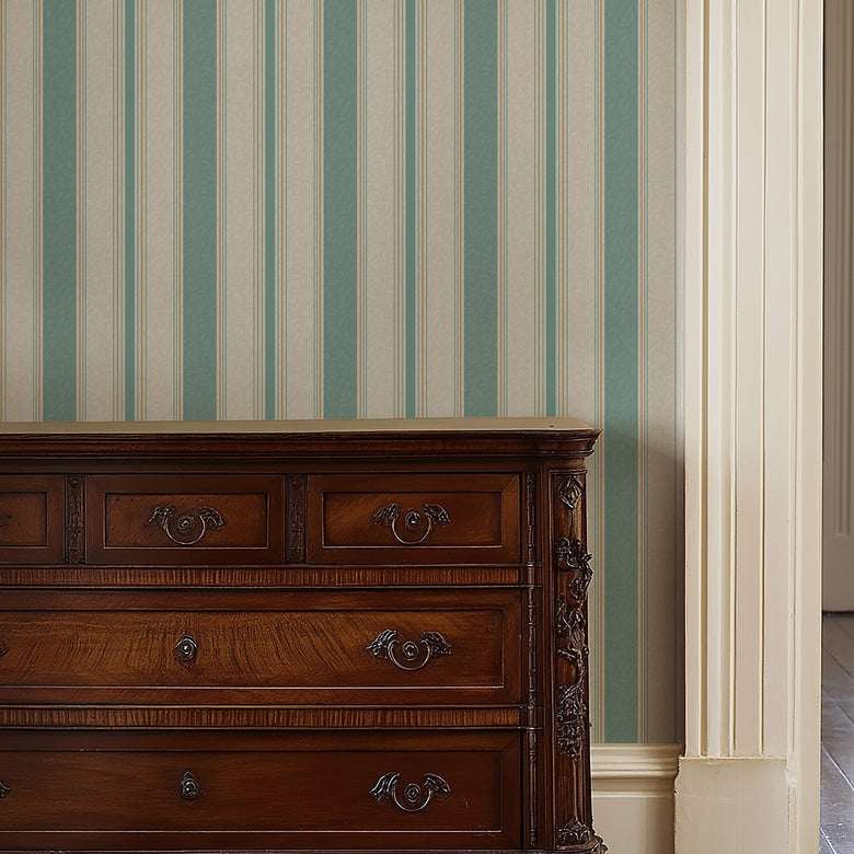 Beaumont Stripe Wallpaper in Aged Ivory and Seafoam