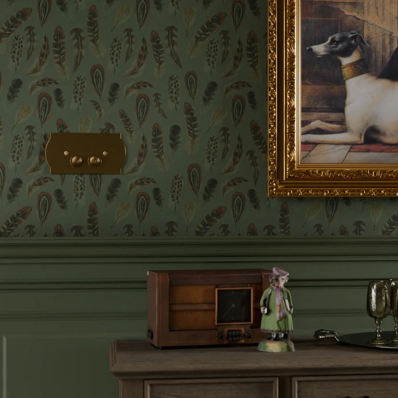 Birds of a Feather Wallpaper in Rural Tones on Seafoam