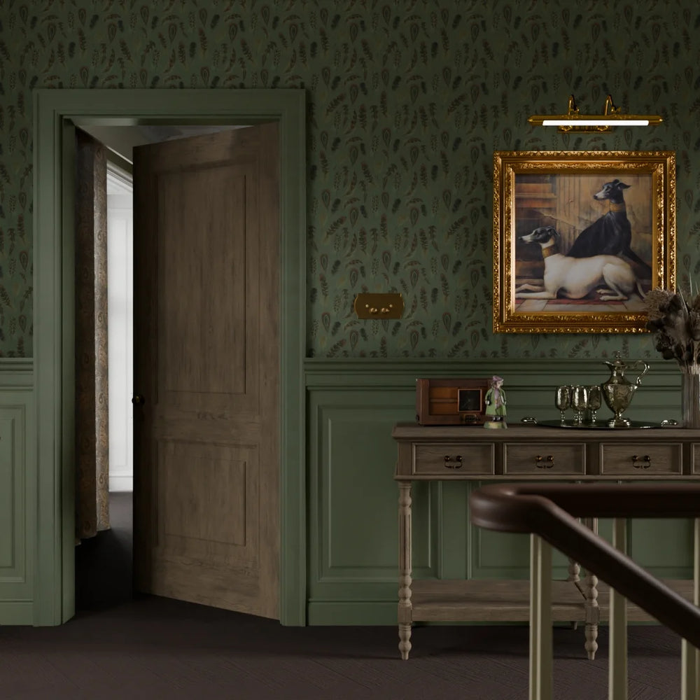 Birds of a Feather Wallpaper in Rural Tones on Seafoam