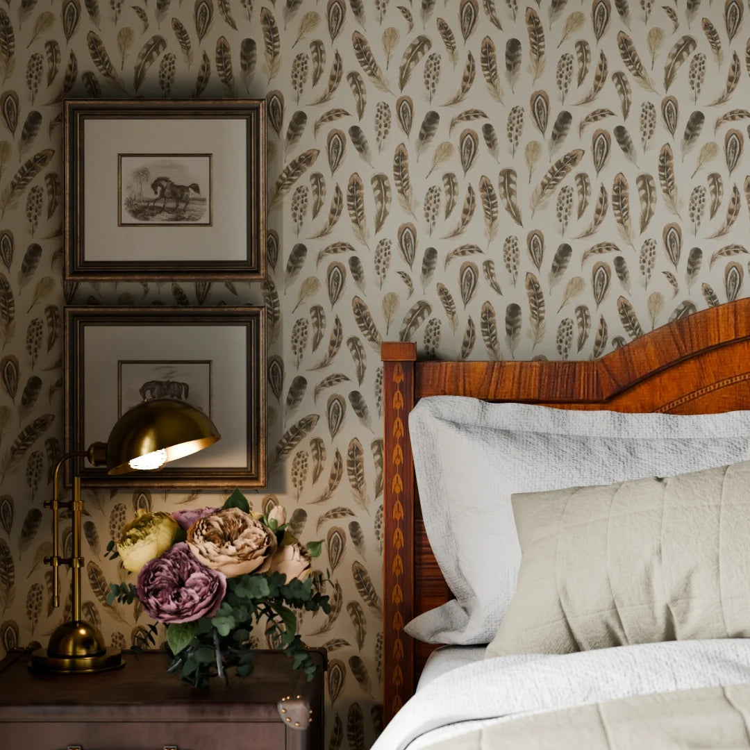 Birds of a Feather Wallpaper in Rural Tones on Vintage Cream