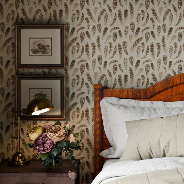 Birds of a Feather Wallpaper in Rural Tones on Vintage Cream