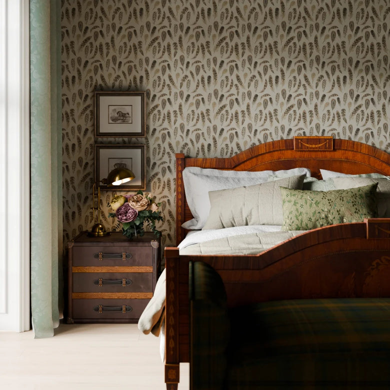 Birds of a Feather Wallpaper in Rural Tones on Vintage Cream