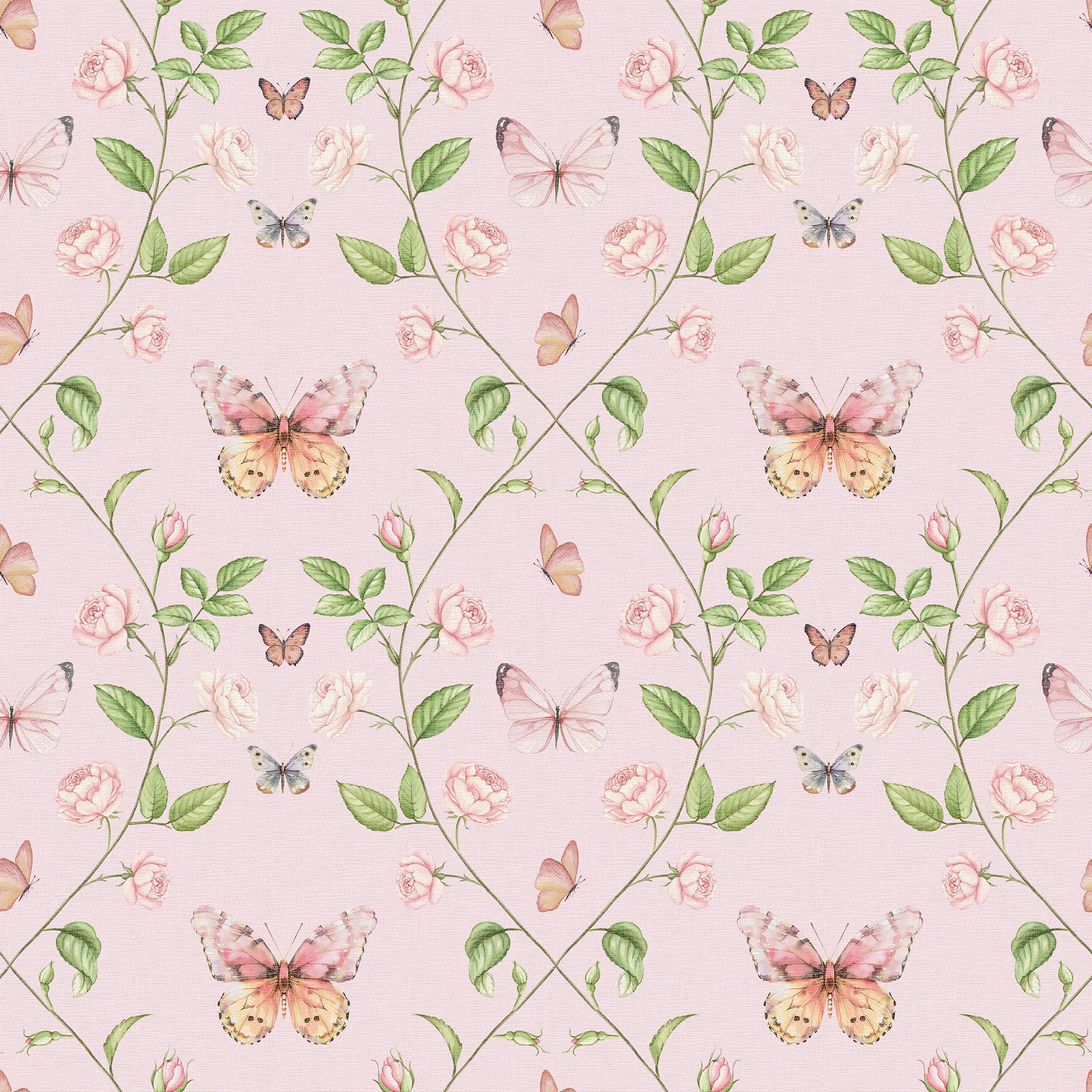 Butterfly and floral trellis pattern on a pink background
