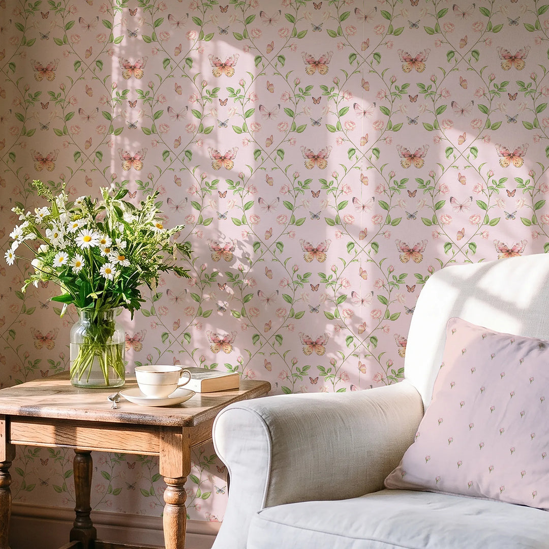 Bloom and Butterflies Wallpaper in Beautiful Blush