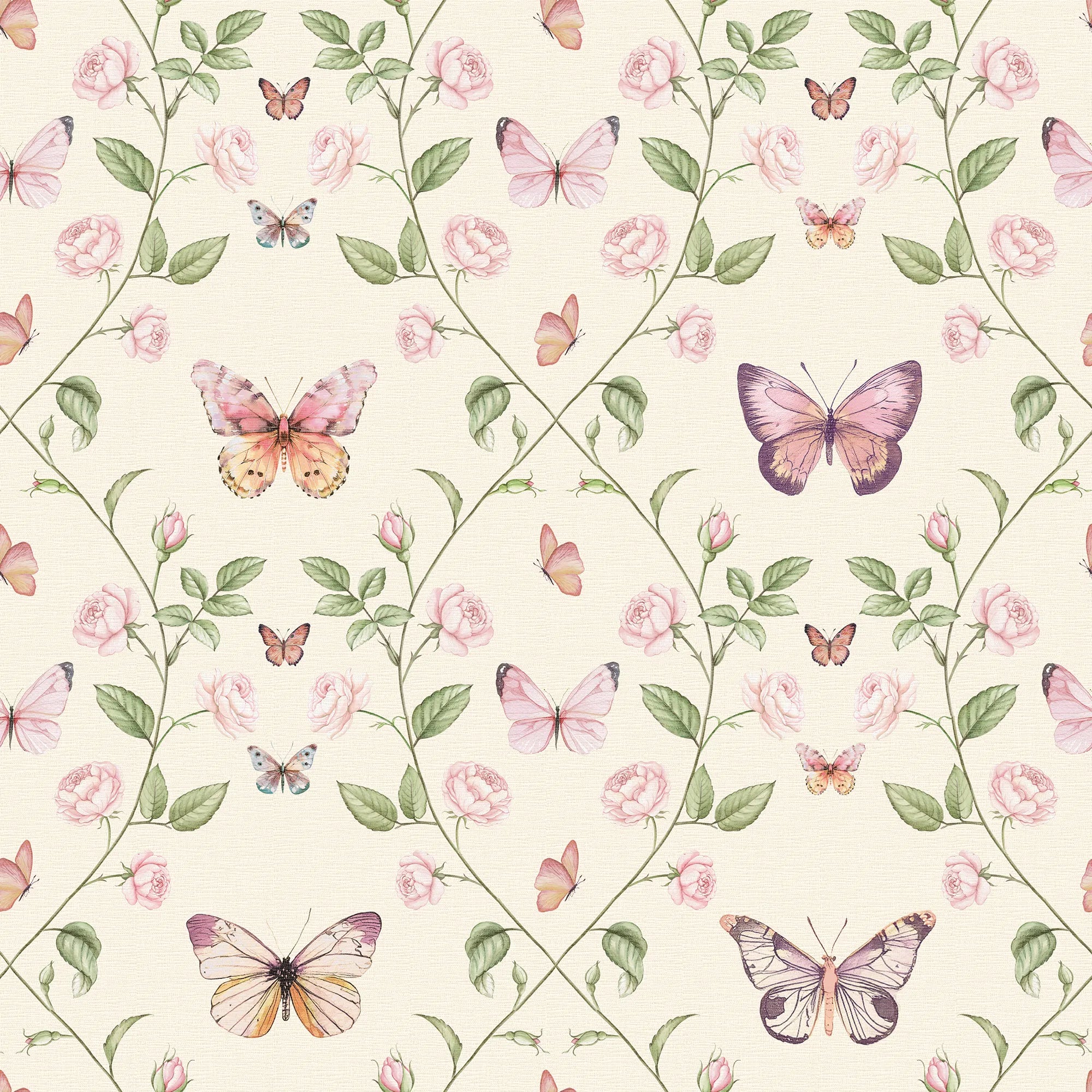 Butterfly and floral trellis pattern on a cream background