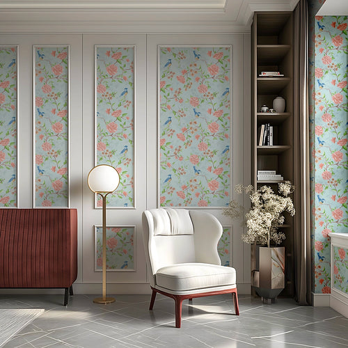 Blossoming Birdsong Wallpaper in Powder Blue