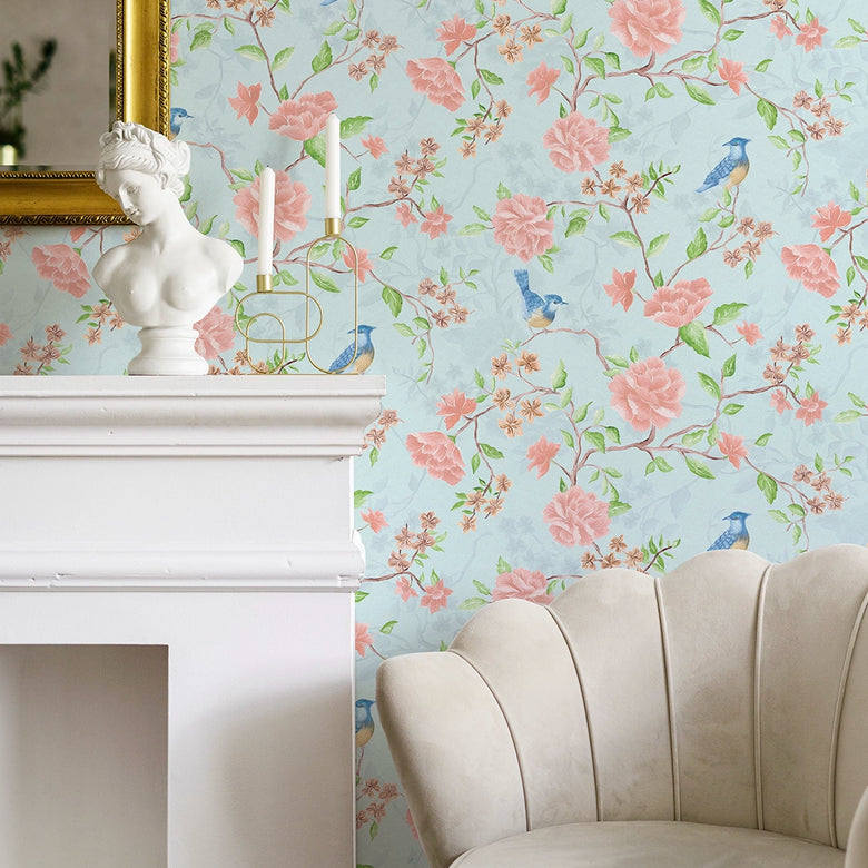Blossoming Birdsong Wallpaper in Powder Blue