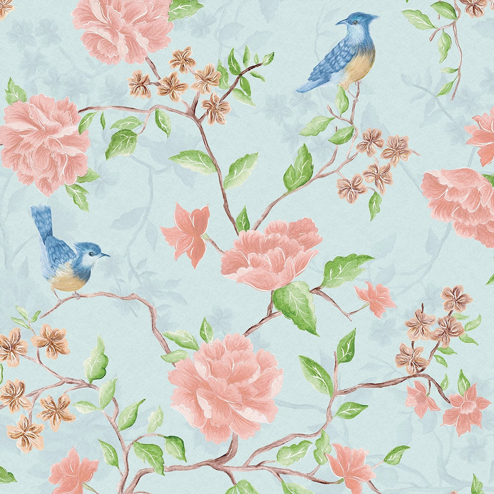 Blossoming Birdsong Wallpaper in Powder Blue