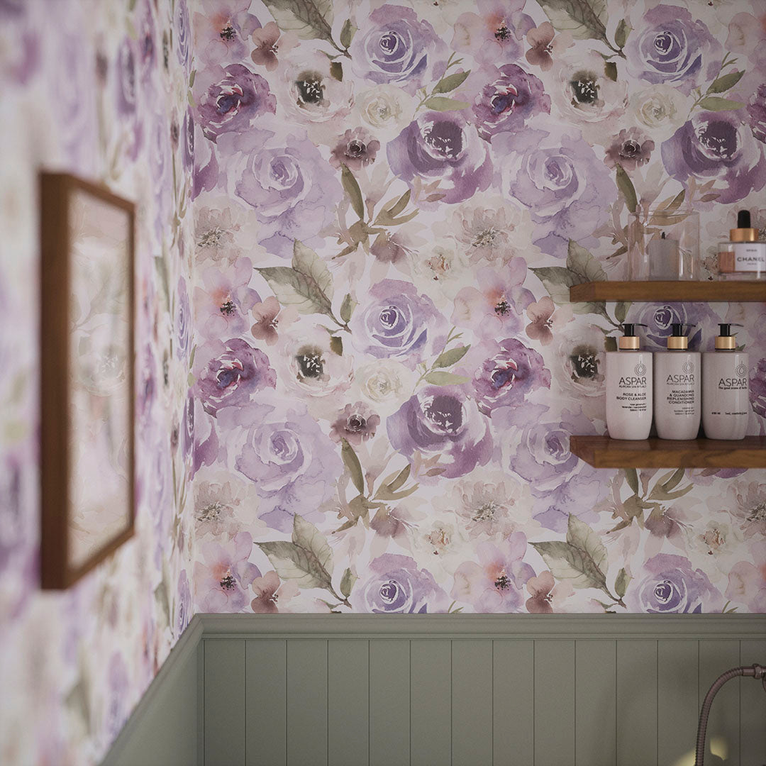 Bathroom wall with wooden shelves and watercolour floral wallpaper in lavender. 
